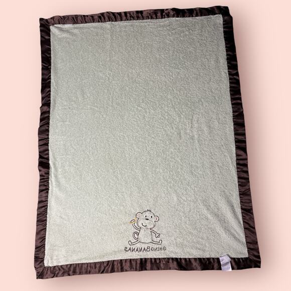 Vtg Carters Green Monkey Baby Blanket Security Lovey Going Bananas Brown Satin - Picture 6 of 6